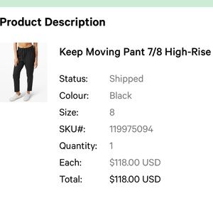 Lululemon Keep Moving Pant 7/8 High Rise (Black)